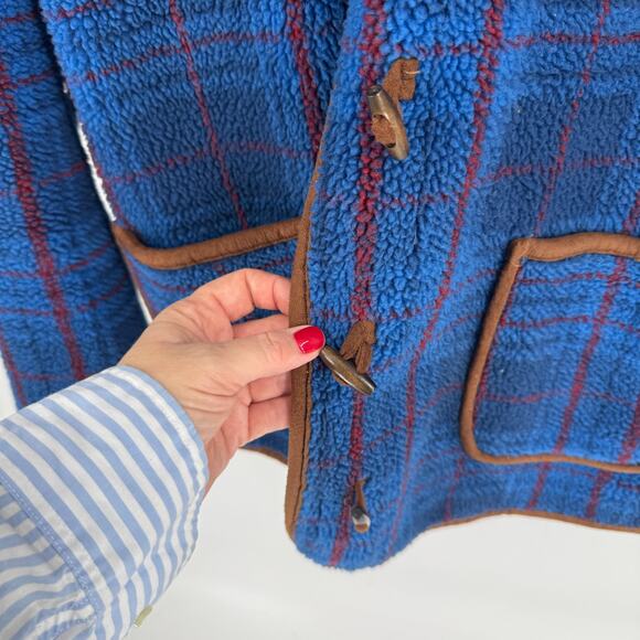 Orvis Blue Plaid Fleece Jacket Toggle Closure Sherpa Style Outerwear Size XL - Picture 5 of 9